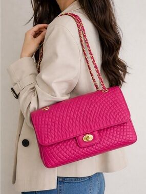 Authentic BALLY double flap leather hot pink shoulder bag with certificate